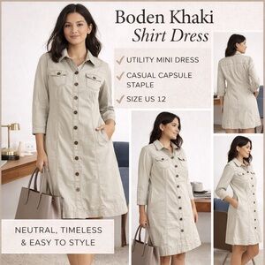 Boden Khaki Shirt Dress Button Front Utility Mini Dress 3/4 Sleeve Size US 12